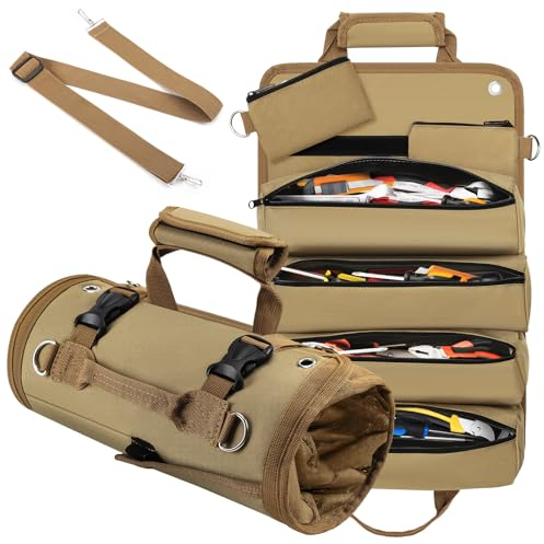 Homdat Werkzeug Rolltasche, Werkzeugtasche Klein für Schraubenschlüssel, Mehrzweck Werkzeugtasche mit 11 Fächern, Werkzeug Organizer für Schreiner, Tüftler, Elektriker, Klempner und Mehr (Khaki)