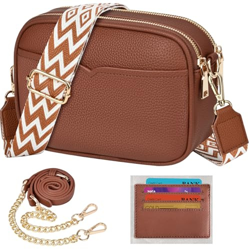 TEUEN Damen-Umhängetasche, Kleine Crossbody Bag PU Leder Elegante Schultertasche mit 2 Abnehmbar Breitem und Kette Schultergurt Handytasche Handtaschen ＆ 4 Geldbeutel Kartenfächer | PU Leder, mit 2 abnehmbaren Schultergurten (Breit & Kette), inklusive 4 integrierter Kartenfächer im Inneren