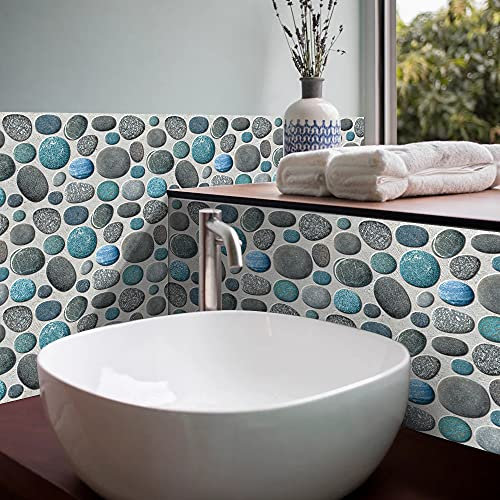 Fliesenaufkleber Blaue Kieselsteine Küchenrückwand,Wasserdicht Ölfest ​Klebefliesen Küche Fliesenaufkleber Bad,Fliesenfolie 3D Wandpaneele Selbstklebend6 PC(15x30cm)