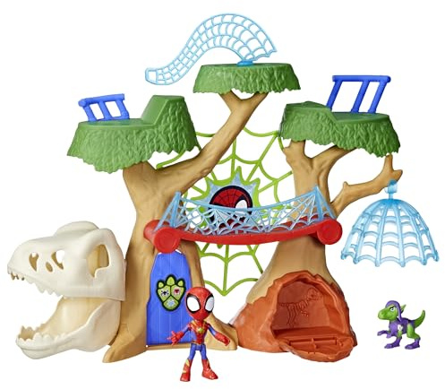 Marvel Spidey and His Amazing Friends Dino-Webs Treehouse Playset, Spider-Man & Goblin Raptor 4-Inch-Scale Action Figure Set, Ages 3 & Up