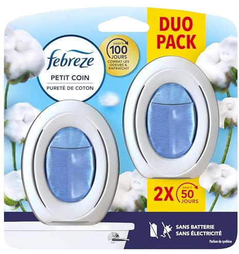 Febreze Petit Coin Pureté De Coton, Désodorisant WC Sans Électricité, Combat et Prévient les Odeurs, Technologie OdourClear, Protège les Surfaces Souples, Activation Simple, Fraîcheur Jusqu'à 50 Jours
