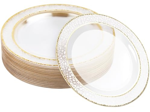 MATANA 60 Premium Transparente Plastikteller mit Goldrand, 26cm - Mehrweg Kunststoffteller, Partyteller Gold für Hochzeiten, Geburtstage, Partys - Elegantes & Stabiles Partygeschirr