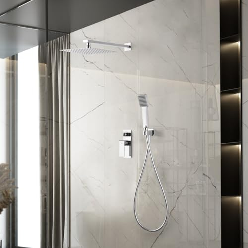IMEX - Ducha Empotrada Monomando Cromada | Conjunto de Grifería Empotrado con Alcachofa y Rociador Antical Efecto Lluvia | Columna Ducha Empotrada en Latón y Acero Inox S.304 | Serie Fiyi