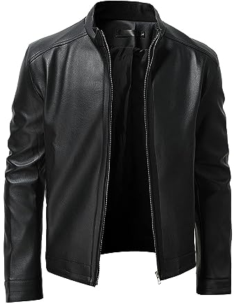 Giacca da uomo in pelle con colletto alla coreana e cerniera giacca in pelle sintetica giacca a maniche lunghe giacca da pioggia sottile da uomo, Nero , XL