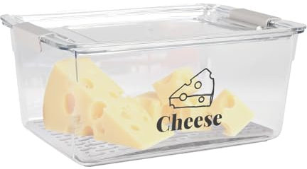 Yomjarl Cheese Container Airtight with Draining Basket Cream Cheese Sliced Cheeses Box with Lid Saver for Fridge Cheeses Keeper Cream Block Shredded Storage Box Saver (Clear)