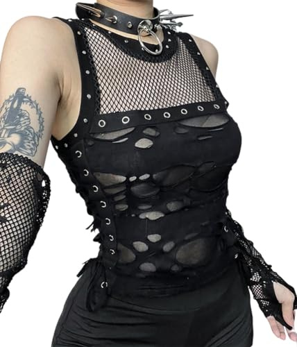 ticticlily Tank Tops Femme Débardeur Gothique Punk Vintage Y2K Sexy Moulante Gilet avec Spaghetti Bretelle Dos Nu Hauts Courtes Camisole Cropped Top T-Shirts Eté A15 Noir M