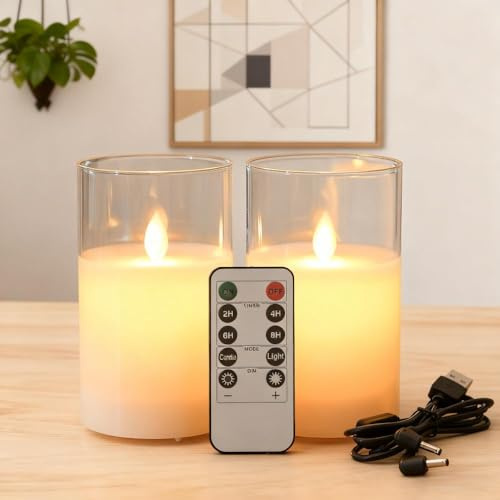 Koelaa 2er Set Glas Flammenlose Kerzen mit Fernbedienung und Timer, Aufladbare LED Stumpenkerzen, Wiederaufladbare LED Kerzen für Weihnachten Hochzeit Home Decor, Flackernde Flamme(Weiß, 7,5x10cm)