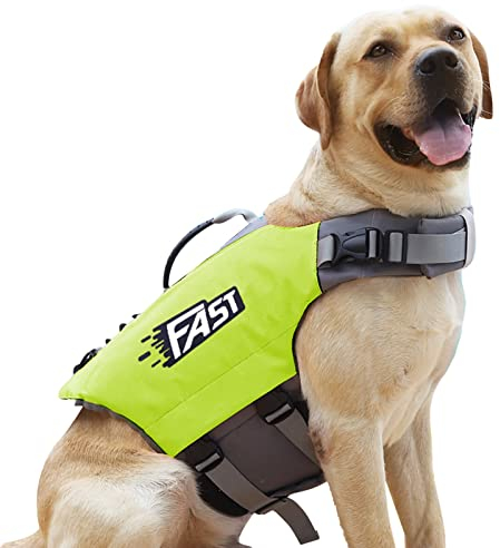 Crevyteg Schwimmweste Hund, Ripstop Hunde Rettungsweste, Verstellbare Größe Hundeschwimmweste mit Griff und Reflektierend für Kleine Mittlere und Große Hunde (Fluoreszierendes Grün Größe XL)