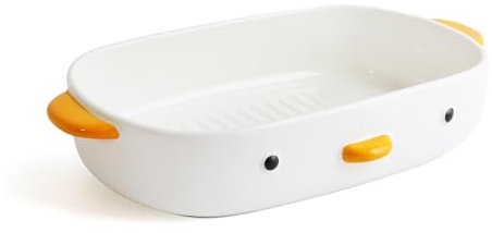 TULANDOT Cute Ceramic Duck Casserole Dish - White Porcelain Cake Tin, 7 x 10 Large Mould with Handles - Oven Safe and Durable Bakeware