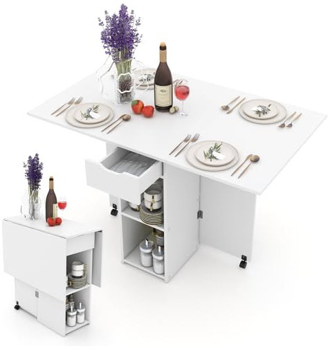 COSTWAY Tavolo da Pranzo Pieghevole Salvaspazio 4 Posti con Cassetto | Tavolino Cucina con 2 Ripiani e Ruote a Freno per Soggiorno, Cucina e Ufficio, 34-120 x 72 x 75 cm
