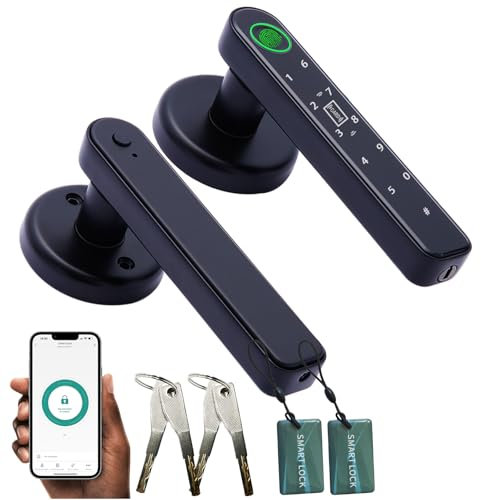 5 in 1 Smart Fingerprint Door Lock, Automatic Smart Door Handle with APP Control/Fingerprint/IC Cards/Password/Backup Keys, Electronic Digital Locks Suit for Bedroom, Office, Apartment, Black