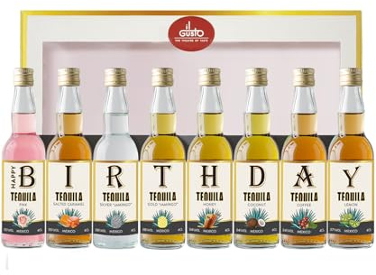 IL GUSTO Birthday Tequila Taster Gift Set – 8 Flavours (Printed Box) | Blanco, Anejo, Reposado • Gift for a Tequila Lover • Arranged to Spell Happy Birthday • 8 Unique Flavours