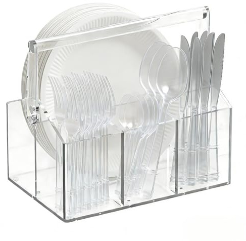 Chivalral Acrylic Utensil Holder & Paper Plate Holders -Clear Space-Saving Cutlery Caddy and Silverware Organizer for Kitchen, Table, Buffet, Party, Picnic, Camping Indoor Outdoor Use
