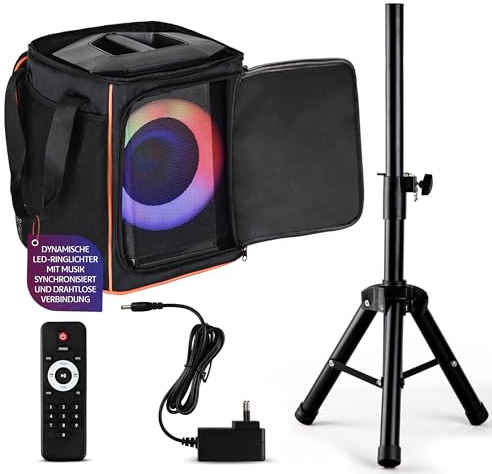 Pyle Portable Bluetooth Speaker with 8 Inch Woofer, TWS, Mic Input, USB/SD/FM Radio, Colorful Ring Lights, 120 W Rechargeable Battery, Tripod Stand & Speaker Bag, Hi-Fi Sound, Outdoor/Indoor Use