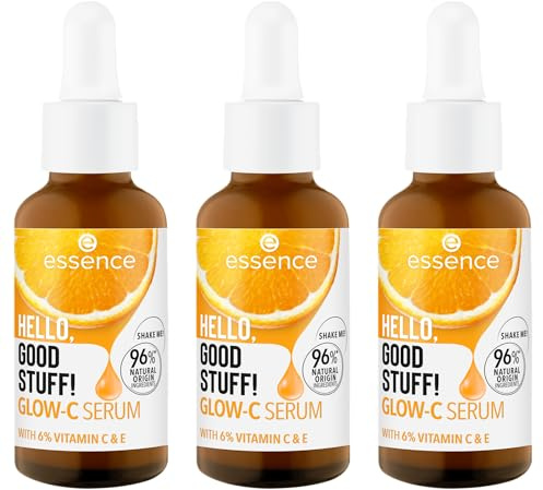 essence HELLO, GOOD STUFF! GLOW-C SERUM, Gesichtsserum, Gelb, glättend, mit Vitaminen, pflegend, natürlich, vegan, ölfrei, ohne Parabene, ohne Mikroplastikpartikel, 3er Pack (3x30ml)