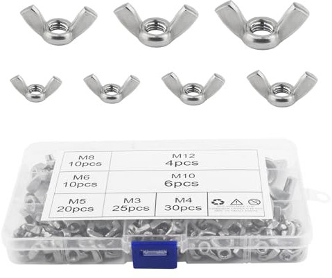 AOMIKITSTU Flügelmutter 105 Stück, M3/M4/M5/M6/M8/M10/M12 Flügelmuttern, Flügelschraube, Flügelschrauben Rostfreie Stähle, Schraube mit Flügelmutter, Flugelmutt für Heimwerker DIY Tools