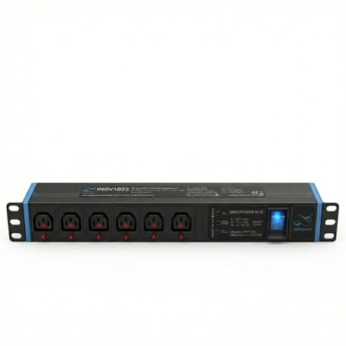 INSV1023 Infitronic 19 Zoll PDU/Steckdosenleiste 1HE, 6-Fach Stromverteiler mit 3-Fach-LED-Statusanzeige (Strom/Erdung/Überspannung Typ 3), 10kA Ableitstrom, 4000W/16A, Alu-Gehäuse Schwarz, 2m Kabel