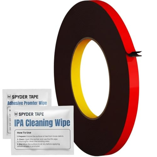 Spyder Tape LSE110 Kit Nastro Biadesivo (10mm x 10m) con Salviette IPA & Promoter - Adesivo Acrilico in Schiuma Impermeabile per Superfici Difficili - Resistente al Calore per Elettronica, Strisce LED