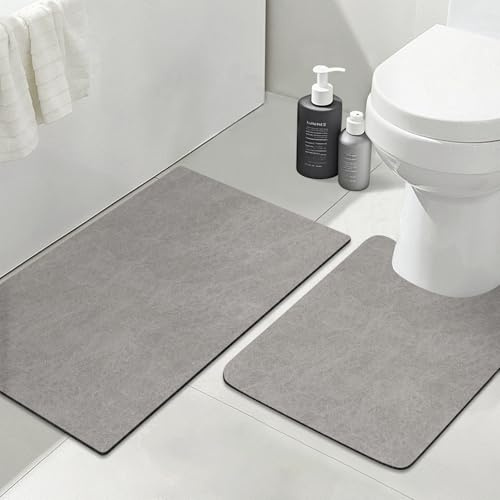 Badvorleger Set Rutschfeste Badematte : Super Absorbierende Badezimmerteppich Set dünn Waschbar schnelltrocknende Badvorleger Duschvorleger für Dusche, Badewannen und Badezimmer, Toilette, grau