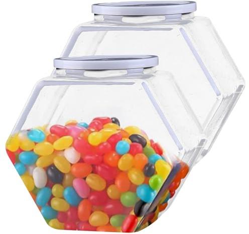 2pcs Jares Dulces de plástico con Tapas 4300ml Grandes frascos de Almacenamiento de plástico Sellado de Boca Ancha y Hexagonal con Tapas para bocadillos, golosinas para Perros, Manualidades y suminis