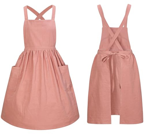 FunChaos Pinafore Dress Apron for Women Girls Vintage Ruffle Cotton Chef Apron with Pockets and Long Ties, Cross Back Cute Kitchen Apron for Cooking Gardening Baking Painting Serving