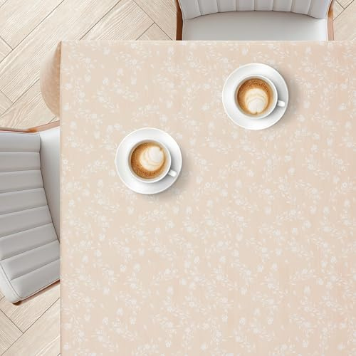 KP HOME PVC Wipe Clean Tablecloth with Classic White Vintage Flowers - Square 55.1x55.1 / 140x140cm Easy Clean Waterproof Oilcloth - Beige Vinyl Wipeable Table cloth with Skin Feel Touch Vinyl