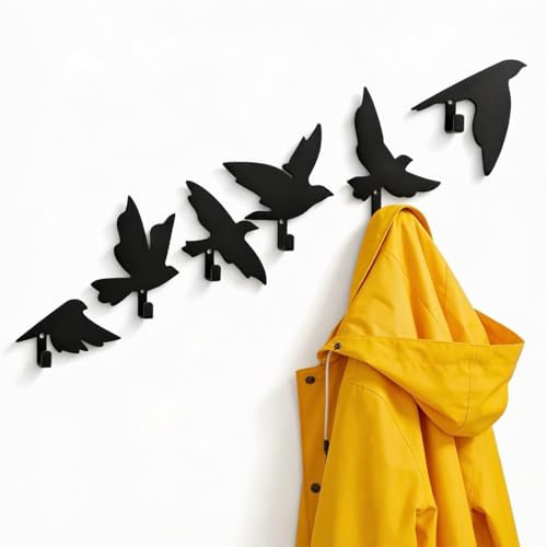Kara Designs Kleiderhaken Wand I Garderobenhaken schwarz im Vogelmotiv - Design Wandhaken aus Edelstahl für den Flur - stabile Wandgarderobe mit Schraubmontage I tragkraft bis 5 kg I 6er Set