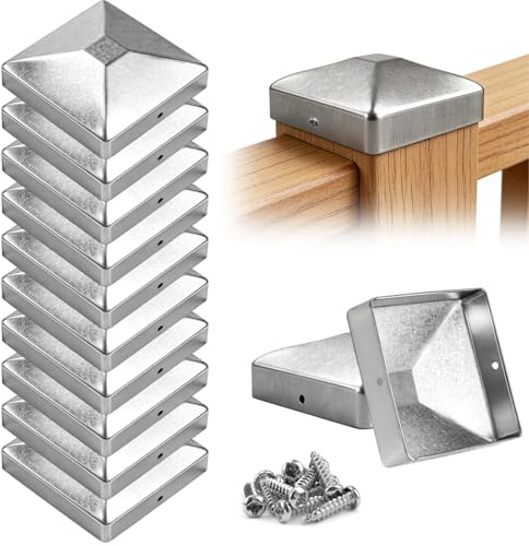 mawmuaw 10 Stück Pfostenkappen 91x91mm, Zaunpfosten Kappen Verzinkt | Rostfreie Pfostenabdeckung Metall, mit Schrauben, für Holzpfosten, Terrassenpfeiler, Zaun