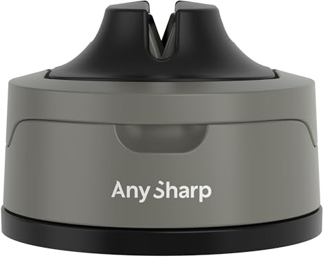AnySharp Evo Aiguiseur de Couteaux, Sécurité Mains Libres, Ventouse PowerGrip, Aiguise en Toute Sécurité Tous les Couteaux de Cuisine, Idéal pour l'Acier Trempé & Dentelé, Le Meilleur au Monde, Gris