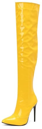Dasongff Cuissardes Femme Sexy Haute Latex Talon Aiguille Chaudes Hiver Botte Femme Sexy Genou Botte élastique Talon Bloc Mollet Noir Marron