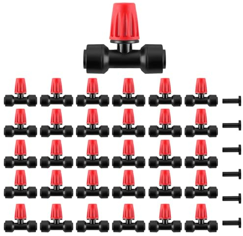 Kalolary Misting Sprayers, 30pcs Red Drip Irrigation Mist Emitters | Push-to-Fit Quick Connect Drippers with 6pcs Plugs for 1/4 Inch Tubing, Fine Spray Watering for Garden Drip Irrigation System