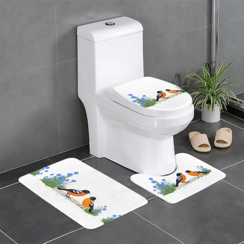 WHJSSF Little oriole in a blue flowerbed Prints 3-Piece Bathroom Rug Set - Anti-Slip Floor Mats for Toilet, Vanity & Lid Cover, Easy to Clean