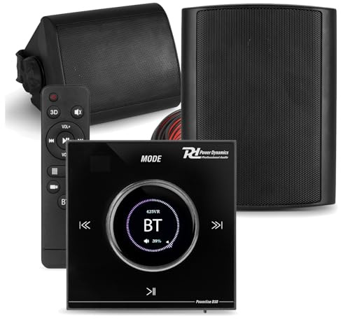 Powerline B50B Garden Wall Speaker System with Bluetooth In Wall Amplifier, Weatherproof Outdoor Audio Setup, Black, 2 x 5.25 Speakers, Remote, Cables Included
