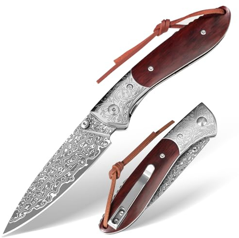 SPITZKANTE Damast Taschenmesser – Klappmesser aus Damaststahl (67 Lagen, 33+1+33), Thumb Stud, Liner Lock, Holzgriff, Ideal für Camping und Wandern