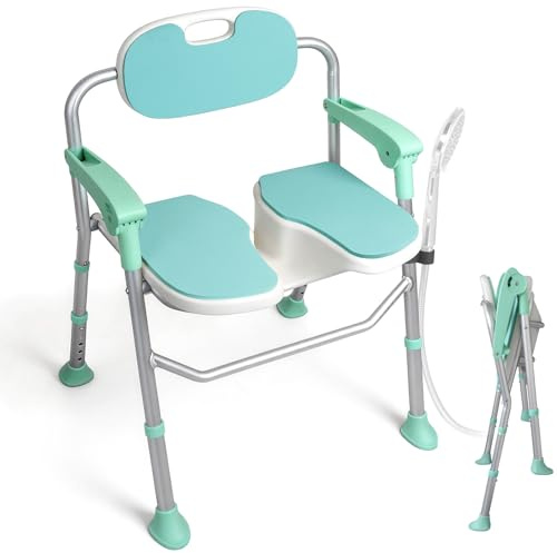 Foldable U-Shaped Shower Chair for Inside Shower, Space-Saving Bath Seat with Padded Cushion and Arms, Heavy Duty Medical Bathtub Bench for Seniors Disabled, 160kg Capacity