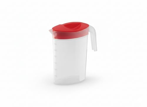 Jarra de Plástico con Tapa, 2,5 L, Sin BPA, Graduada, Antigoteo, para Agua y Zumos, Refrigerador, 10x23x26 cm (Rojo T)