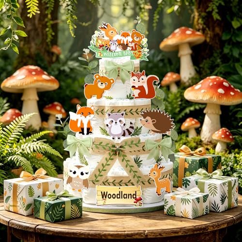 Wald Windeltorten Set Wald Windel Dekoration mit Tierausschnitten | Wald Windeltorten Set Wald Windel Dekoration mit Tierausschnitten und grünem Blattmuster Band für Babypartys und Gender