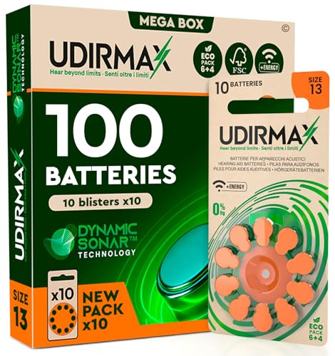 100 Batterie PR48 per Apparecchi Acustici (Misura 13 Arancione) Udirmax Pile Zinco Aria 1,45V Senza Mercurio con Tecnologia Dynamic Sonar - Confezione Eco 10 Blister da 10