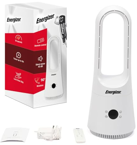 Energizer Ventilador de Torre sin Aspas Silencioso 35 dB, 910 m³/h, 10 Velocidades, Incluye Control Remoto, 53 cm, Seguridad para Niños y Mascotas, Fácil de Limpiar, Para Dormitorio y Salón, Color