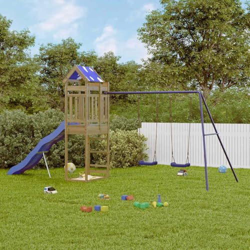 Kaloriko Spielturm aus imprägniertem Kiefernholz mit Wellenrutsche, Doppelschaukel, Sandkasten, Nestschaukel und stabilem Gestell für Kinder im Garten, wetterfest, 118 cm hohe Plattform