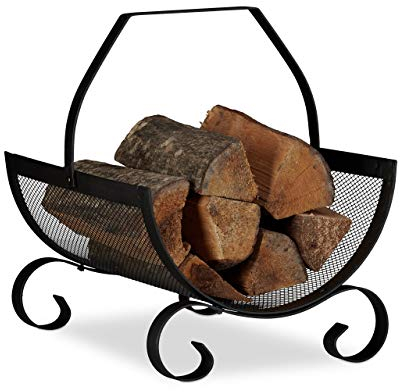 Relaxdays Kaminholzkorb schwarz, Brennholzkorb groß, Holzwiege Kamin, Feuerholzkorb Metall, HxBxT 40 x 33 x 38 cm, black