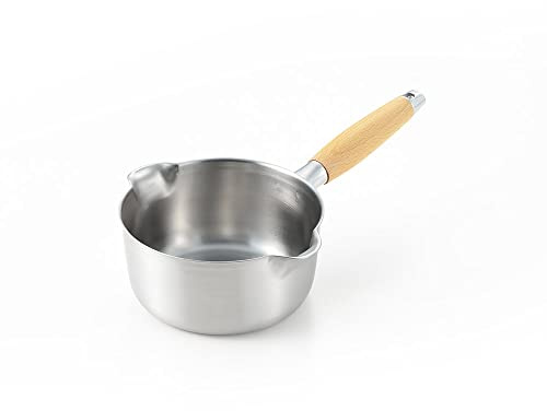 Yoshikawa - Aikata Double Spouted Stainless Steel Milk/Sauce Pan- PD3014, 6.3 inches/16cm/1.4 Litre, Wooden Handle, Compatible with All Types of hobs, Made in Japan