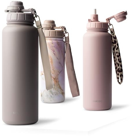 MAMEIDO Thermosflasche mit Strohhalm 1,2l, auslaufsichere Trinkflasche Edelstahl isoliert, Wasserflasche BPA-frei mit Trageschlaufe, Water Bottle Sport (Taupe Grey, 1200ml)