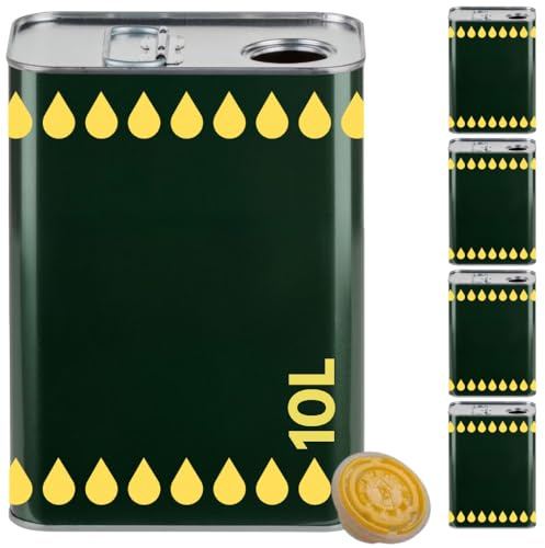 acquaverde | 4 Lattine per Olio di Oliva, Lattina Verde con Litografia Gocce Oro, in Metallo, Contenitore Alimentare, Latta da 10 Litri con Tappo Ermetico e Maniglia