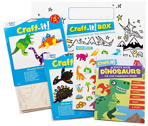 Baker Ross CBS009 Dinosaurier-Kunst- und Bastelset, für Kinder, zwei lustige kreative Kits, Aufkleber und ein Aktivitätsbuch für Jungen und Mädchen