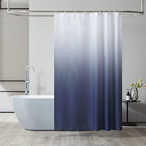 Furlinic Duschvorhang Textil Stoff Wasserdicht 150x180 Weiß nach Dunkelblau | Für Badewanne Antischimmel Waschbar Hochwertig Meer Badvorhang mit Gewicht Unten mit 10 Duschvorhangringen.