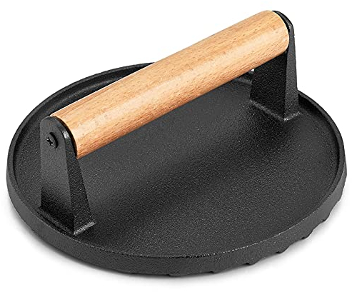 HaSteeL Pressa per griglia in ghisa, resistente, 7 in pancetta con manico in legno, pressa per bistecca pre-stagionata, ideale per piastra piatta Teppanyaki, barbecue, grigliate per interni ed esterni