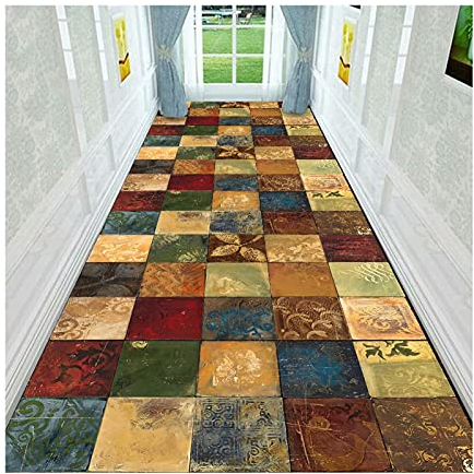 Siunwdiy Teppichläufer Flur rutschfest-Buntes Flickenteppich-Läufer des Patchwork-Hölzernen rutschfest Waschbar Für Küche Schlafzimmer Wohnzimmer,B,60x150cm