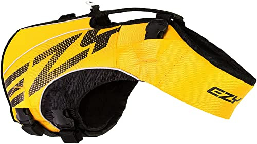 EzyDog DFD X2 Dog Life Jacket - Adjustable Swimming Safety Life Vest Preserver with Continuous Neck Flotation, Reflective Trim, & Grab Handle (3XS, Yellow)
