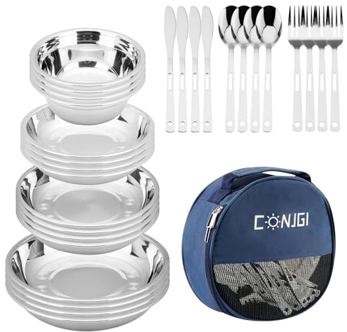 Camping Mess Kits - 28pcs Camping Dinnerware Set Camping Gifts Camping cookware Sets Camping Accessories Camping Cooking Utensils Set Bowls, Plates, Knives, Forks, Spoons (Blue)